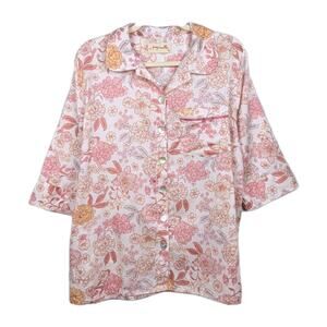PAPINELLE Pink Floral Print Cotton Sleep Top Pajama Button Front Women's Large